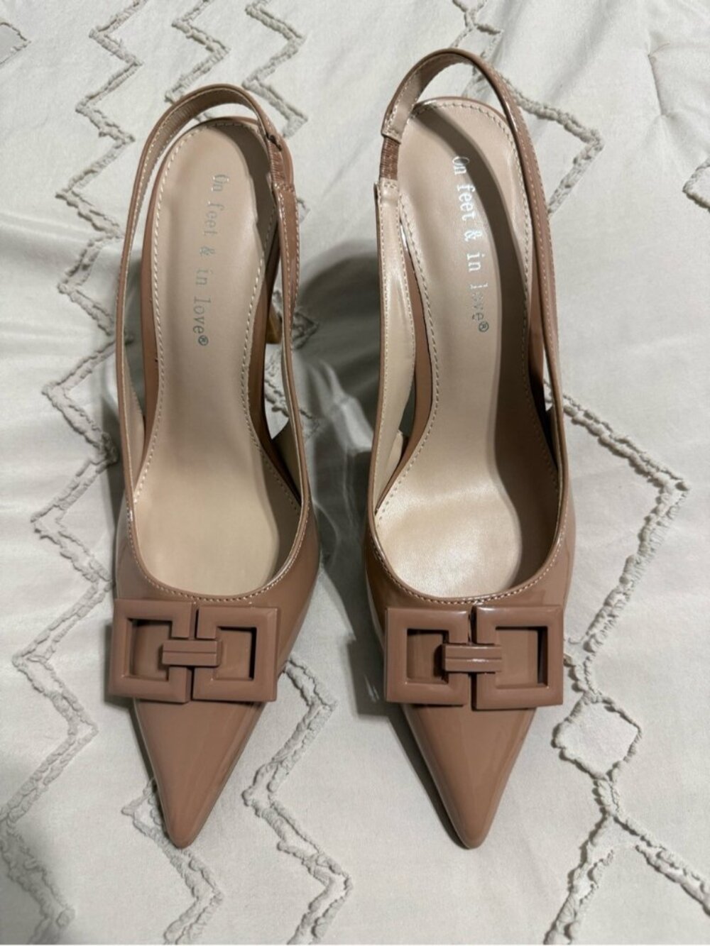 Patent Nude Slingback Pointed Toe Pumps with Decorative Buckle